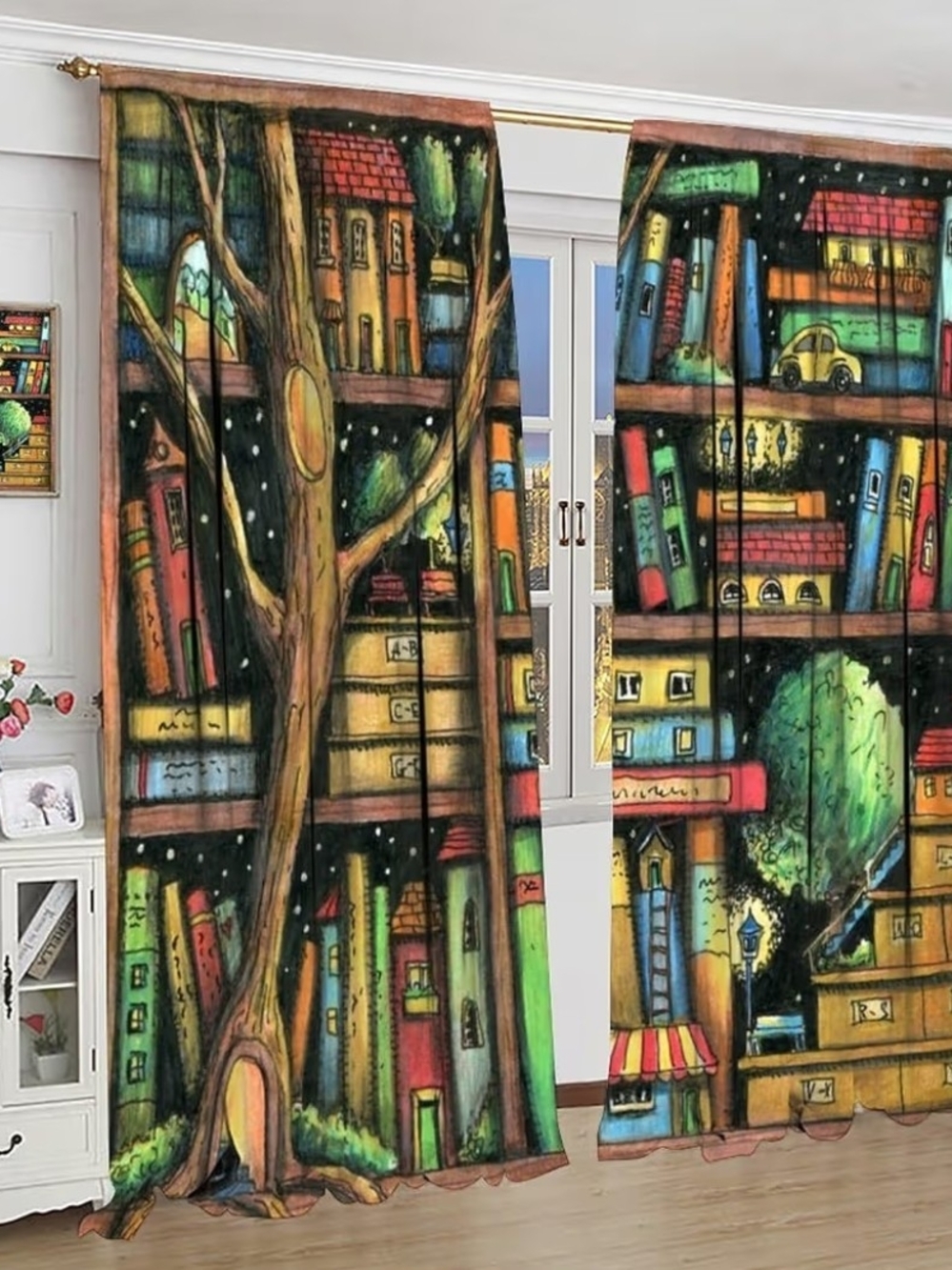 Whimsical Tree Bookshelf Printed Curtain Panels- Set of 2